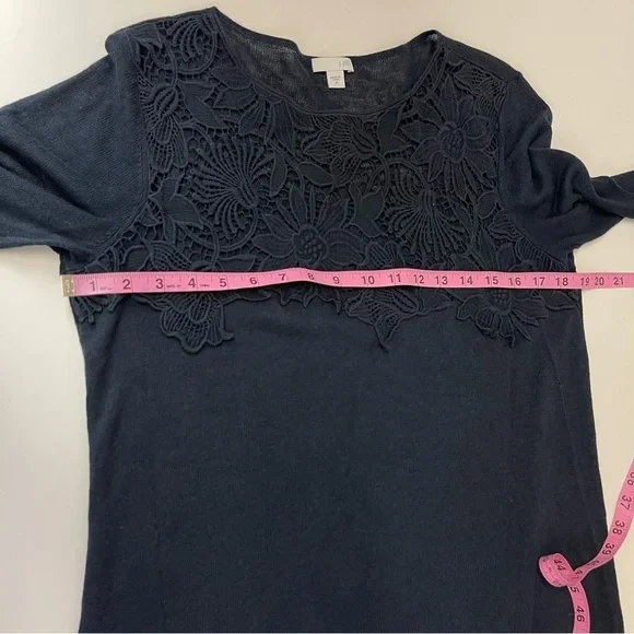 J Jill Sweater Womens Size Medium Navy Blue Knit Floral Applique Neckline - Picture 8 of 9